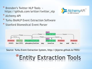 *
* Brenden’s Twitter NLP Tools -
https://github.com/aritter/twitter_nlp
* Alchemy API
* Turku BioNLP Event Extraction Software
* Stanford Biomedical Event Parser
Source: Turku Event Extraction System, http://jbjorne.github.io/TEES/
 