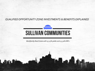 Multifamily Real Estate with 13-15% yields and 25-30% IRR’s
QUALIFIED OPPORTUNITY ZONE INVESTMENTS & BENEFITS EXPLAINED
 