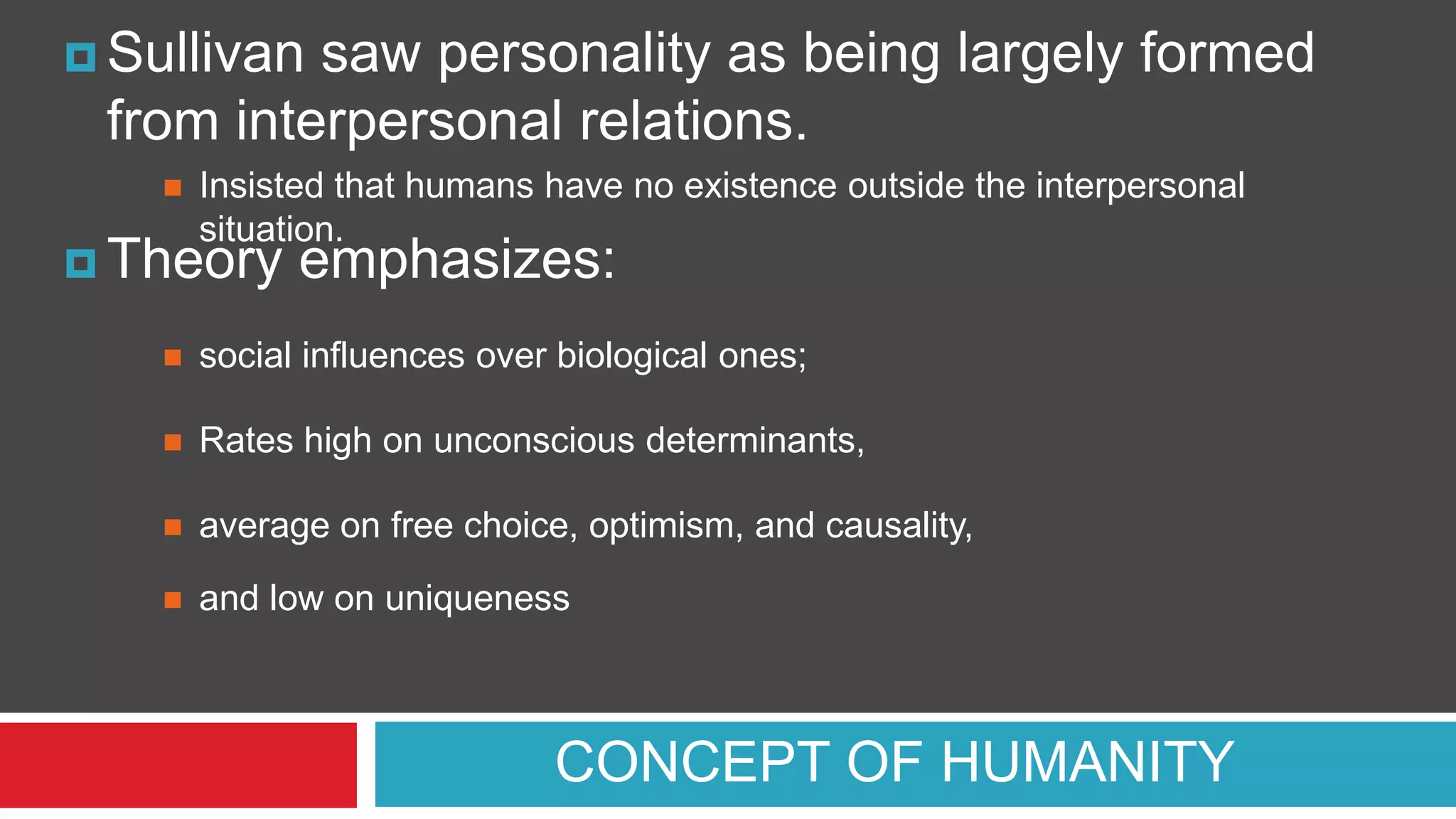 Sullivan

saw personality as being largely formed
from interpersonal relations.


Insisted that humans have no existence outside the interpersonal
situation.

 Theory

emphasizes:



social influences over biological ones;



Rates high on unconscious determinants,



average on free choice, optimism, and causality,



and low on uniqueness

CONCEPT OF HUMANITY

 