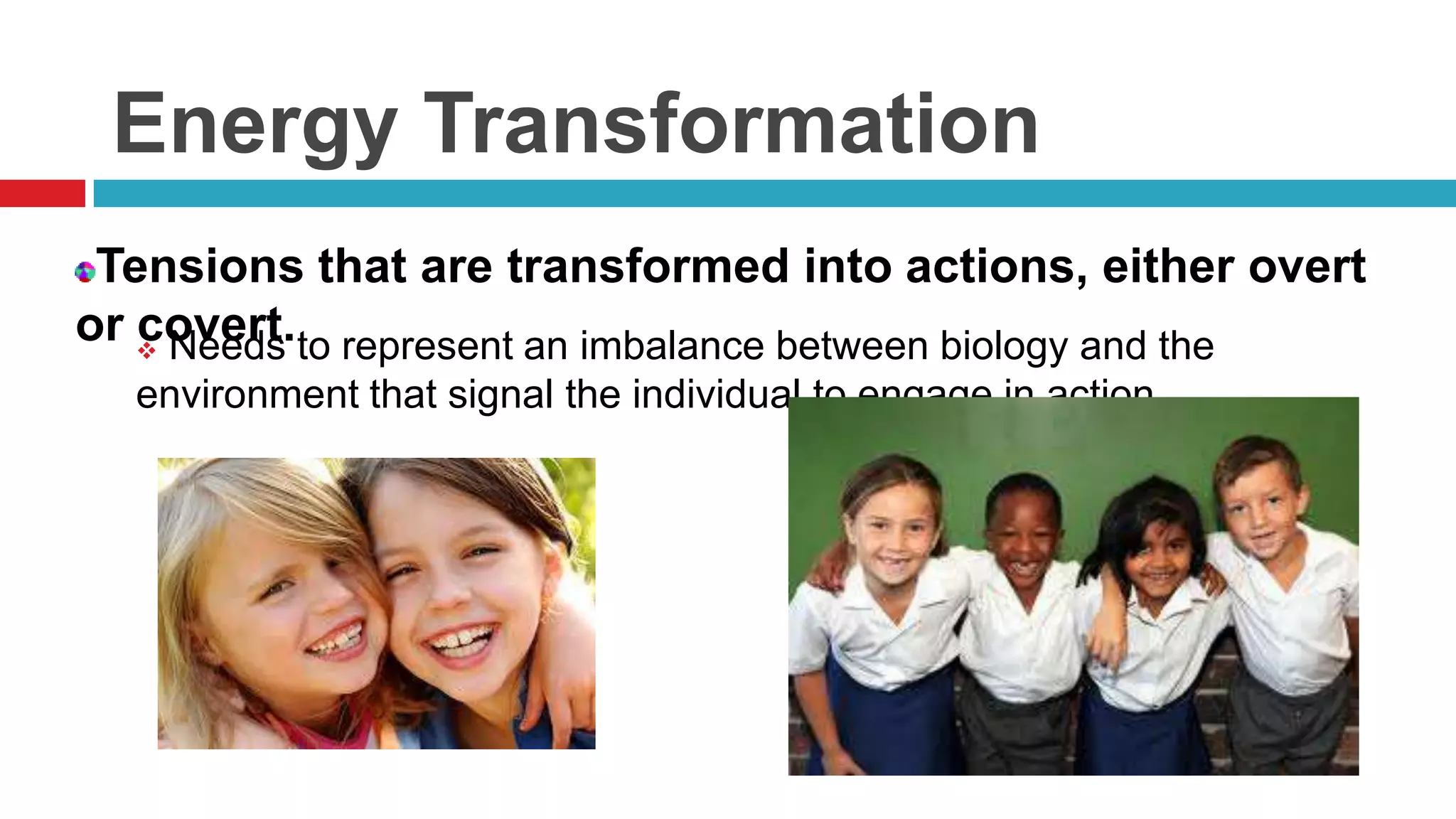 Energy Transformation
Tensions that are transformed into actions, either overt
or  Needs to represent an imbalance between biology and the
covert.
environment that signal the individual to engage in action.

 