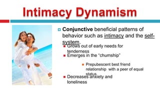 

Conjunctive beneficial patterns of
behavior such as intimacy and the selfsystem.



Grows out of early needs for
tenderness
Emerges in the “chumship”




Prepubescent best friend
relationship with a peer of equal
status

Decreases anxiety and
loneliness

 