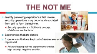 

anxiety provoking experiences that invoke
security operations may become dissociated
from self to form the not-me.


Security operations = Sullivan„s concept
of defense mechanisms



Experiences that are denied



Experiences that are kept out of awareness and
repressed


Acknowledging not-me experiences creates
high anxiety/ negative emotion.

 