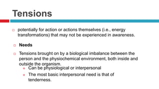 Tensions


potentially for action or actions themselves (i.e., energy
transformations) that may not be experienced in awareness.



Needs



Tensions brought on by a biological imbalance between the
person and the physiochemical environment, both inside and
outside the organism.
 Can be physiological or interpersonal
 The most basic interpersonal need is that of
tenderness.

 