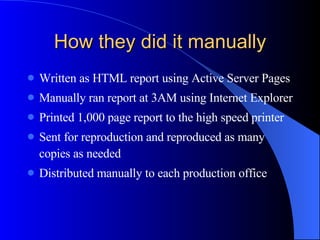 How they did it manually Written as HTML report using Active Server Pages Manually ran report at 3AM using Internet Explorer Printed 1,000 page report to the high speed printer Sent for reproduction and reproduced as many copies as needed Distributed manually to each production office 
