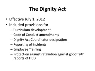 The Dignity Act 
• Effective July 1, 2012 
• Included provisions for: 
– Curriculum development 
– Code of Conduct amendments 
– Dignity Act Coordinator designation 
– Reporting of incidents 
– Employee Training 
– Protection against retaliation against good faith 
reports of HBD 
 