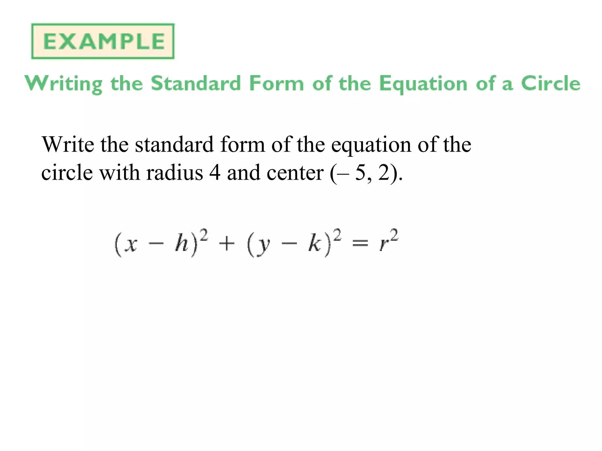Write the standard form of the equation of the circle with radius 4 and center ( – 5, 2).