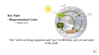 Key Topic
• Biogeochemical Cycles
• Sulpher cycle
“Bio” refers to living organisms and “geo” to the rocks, soil, air and water
of the earth
 