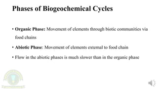 Phases of Biogeochemical Cycles
• Organic Phase: Movement of elements through biotic communities via
food chains
• Abiotic Phase: Movement of elements external to food chain
• Flow in the abiotic phases is much slower than in the organic phase
 