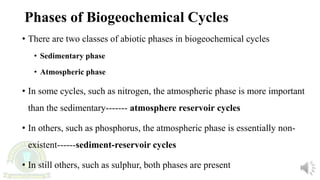 Phases of Biogeochemical Cycles
• There are two classes of abiotic phases in biogeochemical cycles
• Sedimentary phase
• Atmospheric phase
• In some cycles, such as nitrogen, the atmospheric phase is more important
than the sedimentary------- atmosphere reservoir cycles
• In others, such as phosphorus, the atmospheric phase is essentially non-
existent------sediment-reservoir cycles
• In still others, such as sulphur, both phases are present
 