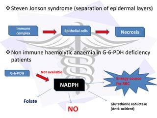 Steven Jonson syndrome (separation of epidermal layers)
Non immune haemolytic anaemia in G-6-PDH deficiency
patients
Immune
complex NecrosisEpithelial cells
NADPH
G-6-PDH Not available
Folate
NO
Glutathione reductase
(Anti- oxident)
Energy source
for RBC
 