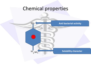 Chemical properties
NH2
SO
2 NH2
Anti bacterial activity
Solubility character
 