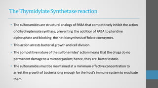 TheThymidylateSynthetasereaction
• The sulfonamidesare structuralanalogs of PABA that competitively inhibit the action
of dihydropteroatesynthase,preventing the addition of PABA to pteridine
diphosphateand blocking the net biosynthesisof folate coenzymes.
• This action arrests bacterial growth and cell division.
• The competitivenatureof the sulfonamides’action means that the drugs do no
permanentdamage to a microorganism; hence, they are bacteriostatic.
• The sulfonamidesmust be maintained at a minimum effectiveconcentration to
arrest the growth of bacteria long enough for the host’s immune systemto eradicate
them.
 