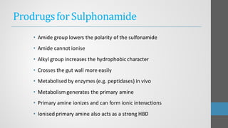 ProdrugsforSulphonamide
• Amide group lowers the polarity of the sulfonamide
• Amide cannot ionise
• Alkyl group increases the hydrophobiccharacter
• Crosses the gut wall more easily
• Metabolised by enzymes (e.g. peptidases) in vivo
• Metabolism generates the primary amine
• Primary amine ionizes and can form ionic interactions
• Ionised primary amine also acts as a strong HBD
 