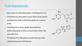 Cotrimoxazole
• Dose ratio of sulfamethoxazole: trimethoprimis 5:1.
• Trimethoprimadequately crossesblood-brain barrier
and placenta,while sulfamethoxazolehas a poorer
entry.
• Trimethoprimis more rapidly absorbed than
sulfamethoxazoleand the concentrationratios may
vary with time.
• Trimethoprimis 40% plasma protein bound,while
sulfamethoxazoleis 65% bound.
 