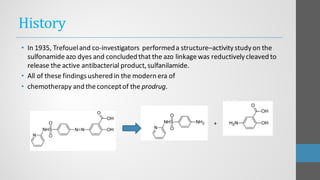 History
• In 1935, Trefoueland co-investigators performeda structure–activity study on the
sulfonamideazo dyes and concluded that the azo linkagewas reductively cleaved to
release the active antibacterial product,sulfanilamide.
• All of these findingsushered in the modern era of
• chemotherapy and theconceptof the prodrug.
+
 