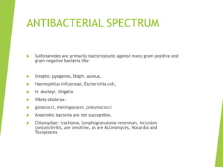 ANTIBACTERIAL SPECTRUM
 Sulfonamides are primarily bacteriostatic against many gram-positive and
gram-negative bacteria like
 Strepto. pyogenes, Staph. aureus,
 Haemophilus influenzae, Escherichia coli,
 H. ducreyi, Shigella
 Vibrio cholerae.
 gonococci, meningococci, pneumococci
 Anaerobic bacteria are not susceptible.
 Chlamydiae: trachoma, lymphogranuloma venereum, inclusion
conjunctivitis, are sensitive, as are Actinomyces, Nocardia and
Toxoplasma
 