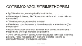 COTRIMOXAZOLE/TRIMETHOPRIM
• Eg.Trimethoprim, ormetoprim,Pyrimethamine
● Weak organic bases, Pka7.6 accumulate in acidic urine, milk and
ruminal fluid
● Trimethoprim- poorly soluble in water
● Fixed dose combination of sulfamethoxazole + trimethoprim(Co-
trimoxazole)
● Readily absorbed after oral administration except in ruminants –
trapped and undergo microbial degradation.
● 30 % to 60% protein bound, widely distributed in tissues including
prostate. Partly metabolized in liver and excreted in urine by
glomerular filtration and tubular secretion.
DR WAF JUNE 2021 19
 