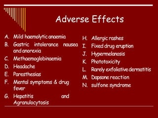 A. Mild haemolyticanaemia
B. Gastric intolerance nausea
andanorexia
C. Methaemoglobinaemia
D. Headache
E. Paresthesias
F. Mental symptoms & drug
fever
G. Hepatitis and
Agranulocytosis
H. Allergic rashes
I. Fixeddrug eruption
J. Hypermelanosis
K. Phototoxicity
L. Rarely exfoliativedermatitis
M. Dapsonereaction
N. sulfone syndrome
Adverse Effects
 