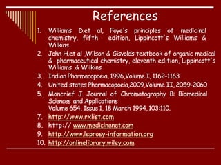1. Williams D.et al, Foye's principles of medicinal
chemistry, fifth edition, Lippincott's Williams &
Wilkins
2. John H.et al ,Wilson & Gisvolds textbook of organic medical
& pharmaceutical chemistry, eleventh edition, Lippincott's
Williams & Wilkins
3. Indian Pharmacopoeia, 1996,Volume I, 1162-1163
4. United states Pharmacopoeia,2009,Volume II, 2059-2060
5. Moncrief J. Journal of Chromatography B: Biomedical
Sciences and Applications
Volume 654, Issue 1, 18 March 1994,103:110.
7. http://www.rxlist.com
8. http:// www.medicinenet.com
9. http://www.leprosy-information.org
10. http://onlinelibrary.wiley.com
References
 