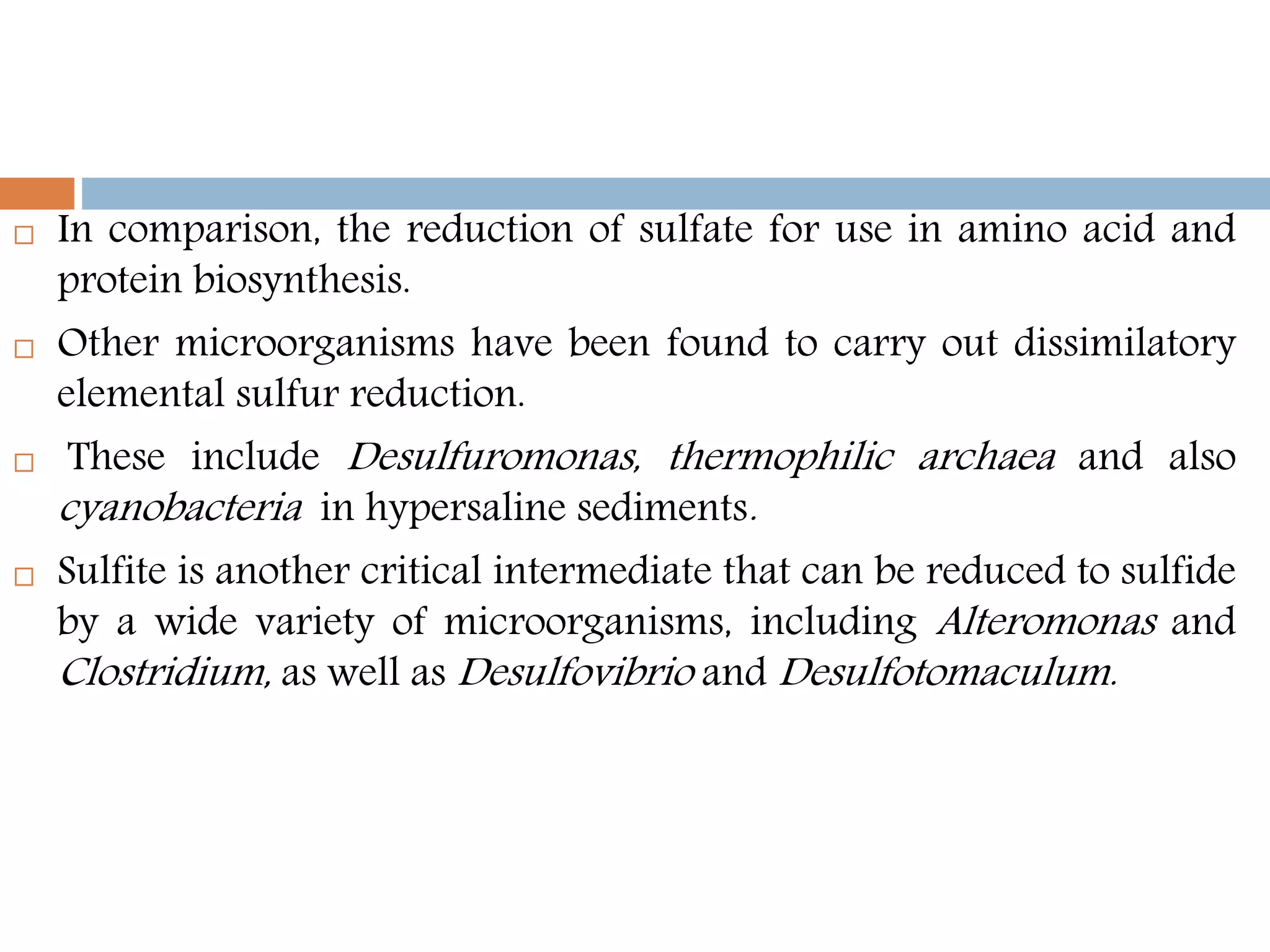  In comparison, the reduction of sulfate for use in amino acid and
protein biosynthesis.
 Other microorganisms have been found to carry out dissimilatory
elemental sulfur reduction.
 These include Desulfuromonas, thermophilic archaea and also
cyanobacteria in hypersaline sediments.
 Sulfite is another critical intermediate that can be reduced to sulfide
by a wide variety of microorganisms, including Alteromonas and
Clostridium, as well as Desulfovibrio and Desulfotomaculum.
 