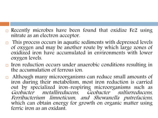  Recently microbes have been found that oxidize Fe2 using
nitrate as an electron acceptor.
 This process occurs in aquatic sediments with depressed levels
of oxygen and may be another route by which large zones of
oxidized iron have accumulated in environments with lower
oxygen levels.
 Iron reduction occurs under anaerobic conditions resulting in
the accumulation of ferrous ion.
 Although many microorganisms can reduce small amounts of
iron during their metabolism, most iron reduction is carried
out by specialized iron-respiring microorganisms such as
Geobacter metallireducens, Geobacter sulfurreducens,
Ferribacterium limneticum, and Shewanella putrefaciens,
which can obtain energy for growth on organic matter using
ferric iron as an oxidant.
 