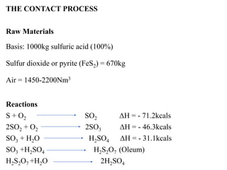 THE CONTACT PROCESS
Raw Materials
Basis: 1000kg sulfuric acid (100%)
Sulfur dioxide or pyrite (FeS2) = 670kg
Air = 1450-2200Nm3
Reactions
S + O2 SO2 ΔH = - 71.2kcals
2SO2 + O2 2SO3 ΔH = - 46.3kcals
SO3 + H2O H2SO4 ΔH = - 31.1kcals
SO3 +H2SO4 H2S2O7 (Oleum)
H2S2O7 +H2O 2H2SO4
 
