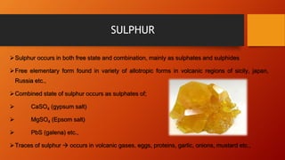 SULPHUR
Sulphur occurs in both free state and combination, mainly as sulphates and sulphides
Free elementary form found in variety of allotropic forms in volcanic regions of sicily, japan,
Russia etc.,
Combined state of sulphur occurs as sulphates of;
 CaSO4 (gypsum salt)
 MgSO4 (Epsom salt)
 PbS (galena) etc.,
Traces of sulphur  occurs in volcanic gases, eggs, proteins, garlic, onions, mustard etc.,
 