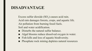DISADVANTAGE
Excess sulfur dioxide (SO ) causes acid rain.
₂
Acid rain damages forests, crops, and aquatic life.
Air pollution from burning fossil fuels.
Soil and water acidification.
■ Disturbs the natural sulfur balance.
■ Algal blooms reduce dissolved oxygen in water.
■ Fish kills and loss of aquatic biodiversity.
■ Phosphate rock mining depletes natural resources.
 