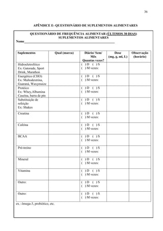 36
APÊNDICE E- QUESTIONÁRIO DE SUPLEMENTOS ALIMENTARES
QUESTIONÁRIO DE FREQUÊNCIA ALIMENTAR (ÚLTIMOS 30 DIAS)
SUPLEMENTOS ALIMENTARES
Nome_______________________________________________________
Suplementos Qual (marca) Diário/ Sem/
Mês
Quantas vezes?
Dose
(mg, g, ml, L)
Observação
(horário)
Hidroeletrolítico
Ex: Gatorade, Sport
Drink, Marathon
( ) D ( ) S
( ) M vezes:
Energético (CHO)
Ex: Maltodextrina,
Guaraná, Waxymaize
( ) D ( ) S
( ) M vezes:
Protéico
Ex: Whey,Albumina
Caseína, barra de ptn
( ) D ( ) S
( ) M vezes:
Substituição de
refeição
Ex: Shakes
( ) D ( ) S
( ) M vezes:
Creatina ( ) D ( ) S
( ) M vezes:
Cafeína ( ) D ( ) S
( ) M vezes:
BCAA ( ) D ( ) S
( ) M vezes:
Pré-treino ( ) D ( ) S
( ) M vezes:
Mineral ( ) D ( ) S
( ) M vezes:
Vitamina ( ) D ( ) S
( ) M vezes:
Outro: ( ) D ( ) S
( ) M vezes:
Outro: ( ) D ( ) S
( ) M vezes:
ex.: ômega-3, probiótico, etc.
 