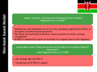 Non-bank based Model


                                  ‘Money, Payment, Clearing and Settlement Service Providers
                                                 Regulations No.1 of 2007’


                         Banking law and regulations do not set clear standards regarding the ability to
                        use agents to perform banking function
                       • Non-banks are permitted to perform various payment functions virtually
                         unregulated
                       • M-PESA is expected to report its activities on a regular basis to the regulator


                          Central Bank issues “Direction on Service Providers of Card Based Payment
                                                         Instruments”
                                               under Regulations No. 01 of 2007


                       • AML through AML bill 2007 &
                       • Transactions of M-PESA is capped
 