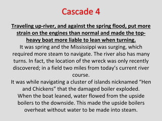Traveling up-river, and against the spring flood, put more
strain on the engines than normal and made the top-
heavy boat ...
