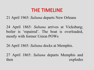 21 April 1965: Sultana departs New Orleans
24 April 1865: Sultana arrives at Vicksburg;
boiler is ‘repaired’. The boat is ...