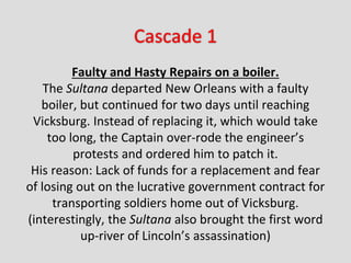 Faulty and Hasty Repairs on a boiler.
The Sultana departed New Orleans with a faulty
boiler, but continued for two days un...