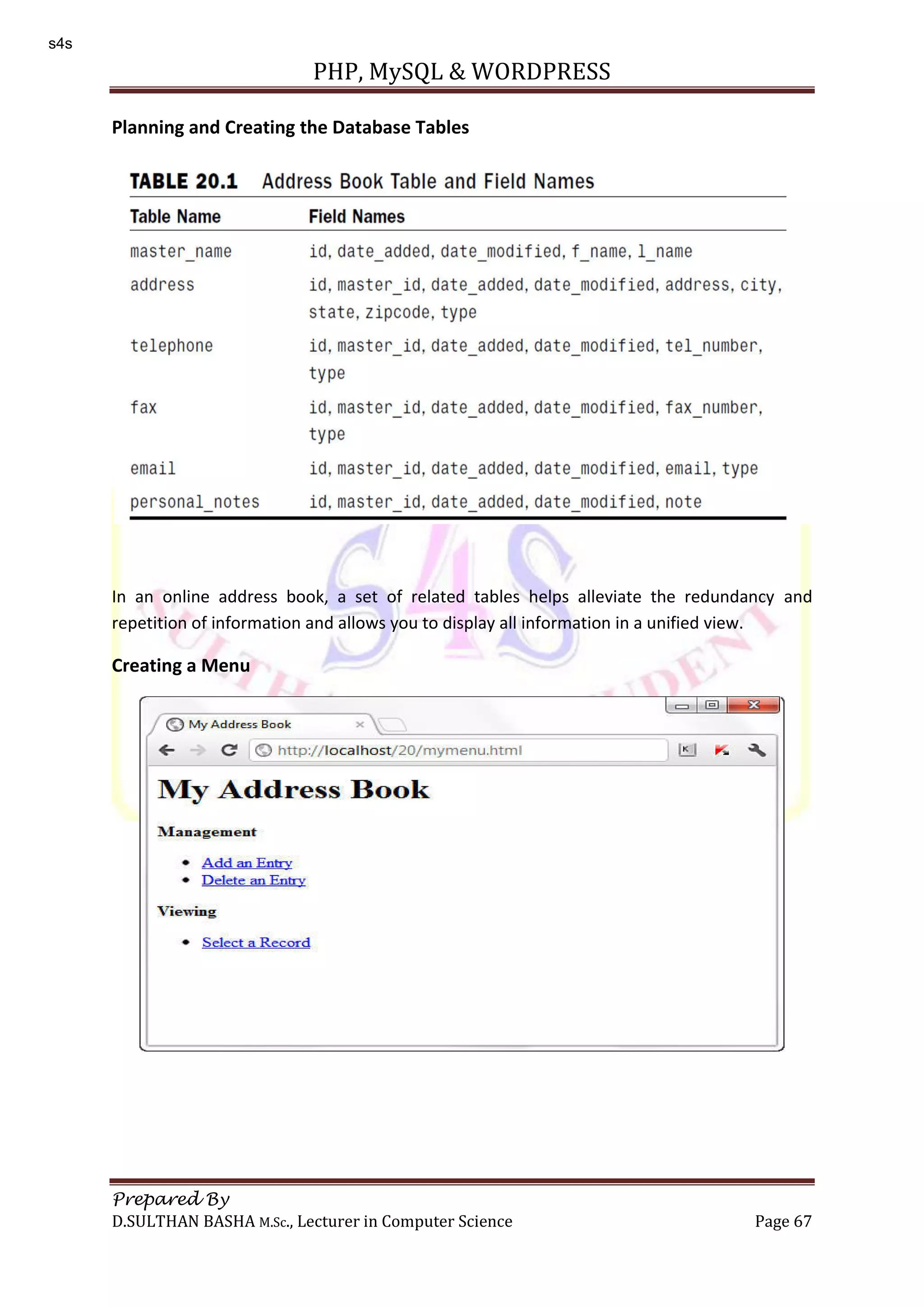 PHP, MySQL & WORDPRESS Prepared By D.SULTHAN BASHA M.Sc., Lecturer in Computer Science Page 67 Planning and Creating the Database Tables In an online address book, a set of related tables helps alleviate the redundancy and repetition of information and allows you to display all information in a unified view. Creating a Menu s4s 