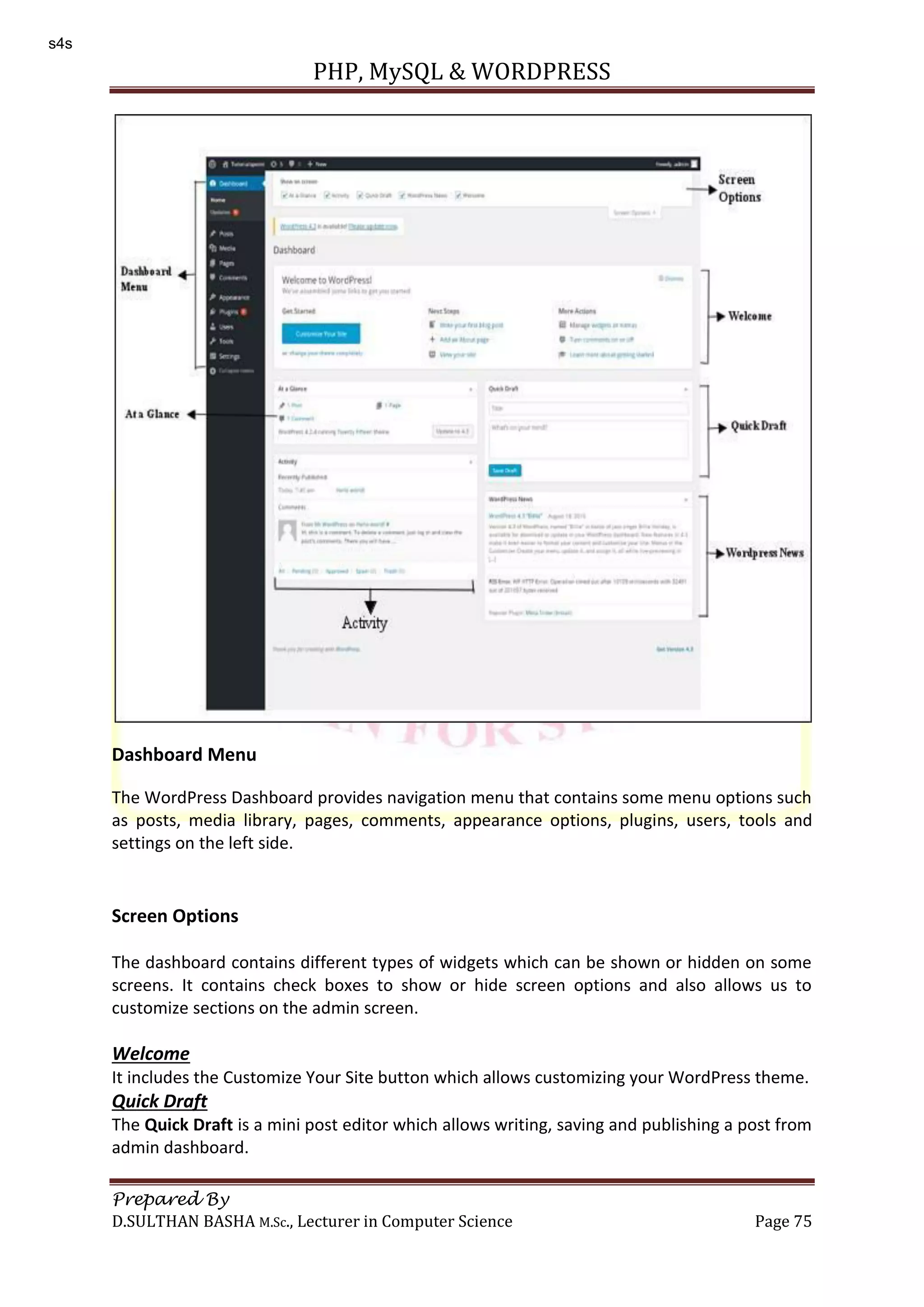 PHP, MySQL & WORDPRESS Prepared By D.SULTHAN BASHA M.Sc., Lecturer in Computer Science Page 75 Dashboard Menu The WordPress Dashboard provides navigation menu that contains some menu options such as posts, media library, pages, comments, appearance options, plugins, users, tools and settings on the left side. Screen Options The dashboard contains different types of widgets which can be shown or hidden on some screens. It contains check boxes to show or hide screen options and also allows us to customize sections on the admin screen. Welcome It includes the Customize Your Site button which allows customizing your WordPress theme. Quick Draft The Quick Draft is a mini post editor which allows writing, saving and publishing a post from admin dashboard. s4s 