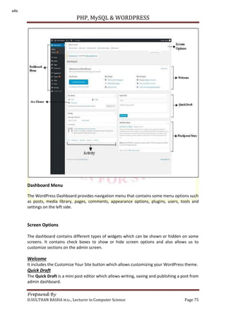 PHP, MySQL & WORDPRESS
Prepared By
D.SULTHAN BASHA M.Sc., Lecturer in Computer Science Page 75
Dashboard Menu
The WordPress Dashboard provides navigation menu that contains some menu options such
as posts, media library, pages, comments, appearance options, plugins, users, tools and
settings on the left side.
Screen Options
The dashboard contains different types of widgets which can be shown or hidden on some
screens. It contains check boxes to show or hide screen options and also allows us to
customize sections on the admin screen.
Welcome
It includes the Customize Your Site button which allows customizing your WordPress theme.
Quick Draft
The Quick Draft is a mini post editor which allows writing, saving and publishing a post from
admin dashboard.
s4s
 