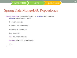 21
      MongoDB     Java    Spring Data

Spring Data MongoDB: Repositories
 