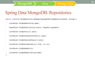 23
      MongoDB     Java    Spring Data

Spring Data MongoDB: Repositories
 