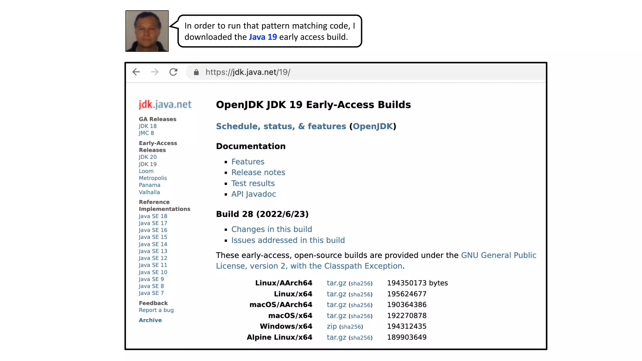 In order to run that pattern matching code, I
downloaded the Java 19 early access build.
 