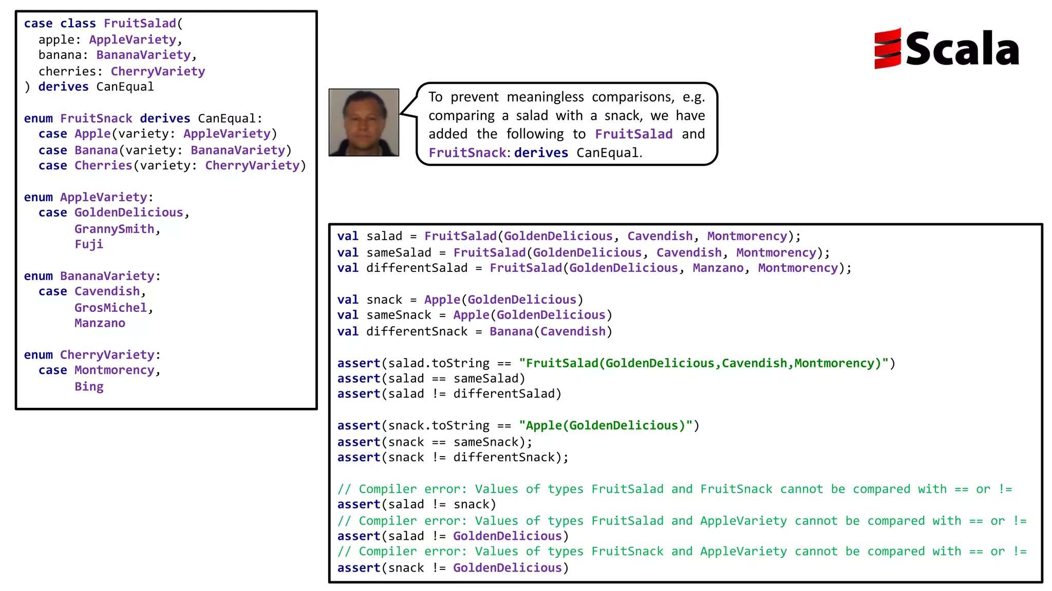 val salad = FruitSalad(GoldenDelicious, Cavendish, Montmorency);
val sameSalad = FruitSalad(GoldenDelicious, Cavendish, Montmorency);
val differentSalad = FruitSalad(GoldenDelicious, Manzano, Montmorency);
val snack = Apple(GoldenDelicious)
val sameSnack = Apple(GoldenDelicious)
val differentSnack = Banana(Cavendish)
assert(salad.toString == "FruitSalad(GoldenDelicious,Cavendish,Montmorency)")
assert(salad == sameSalad)
assert(salad != differentSalad)
assert(snack.toString == "Apple(GoldenDelicious)")
assert(snack == sameSnack);
assert(snack != differentSnack);
// Compiler error: Values of types FruitSalad and FruitSnack cannot be compared with == or !=
assert(salad != snack)
// Compiler error: Values of types FruitSalad and AppleVariety cannot be compared with == or !=
assert(salad != GoldenDelicious)
// Compiler error: Values of types FruitSnack and AppleVariety cannot be compared with == or !=
assert(snack != GoldenDelicious)
case class FruitSalad(
apple: AppleVariety,
banana: BananaVariety,
cherries: CherryVariety
) derives CanEqual
enum FruitSnack derives CanEqual:
case Apple(variety: AppleVariety)
case Banana(variety: BananaVariety)
case Cherries(variety: CherryVariety)
enum AppleVariety:
case GoldenDelicious,
GrannySmith,
Fuji
enum BananaVariety:
case Cavendish,
GrosMichel,
Manzano
enum CherryVariety:
case Montmorency,
Bing
To prevent meaningless comparisons, e.g.
comparing a salad with a snack, we have
added the following to FruitSalad and
FruitSnack: derives CanEqual.
 