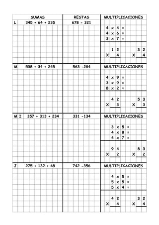 SUMAS            RESTAS     MULTIPLICACIONES
L     345 + 64 + 235    678 - 321
                                    4 x 4 =
                                    4 x 6 =
                                    3 x 7 =

                                      1 2          3 2
                                    X   4        X   4


M     538 + 34 + 245    563 -284    MULTIPLICACIONES

                                    4 x 9 =
                                    3 x 9 =
                                    8 x 2 =

                                      4 2          5 3
                                    X   3        X   3


M I   357 + 313 + 234   331 -134    MULTIPLICACIONES

                                       3 x 5 =
                                       4 x 8 =
                                       4 x 7 =

                                      9 4          8 3
                                    X   2        X   2


J     275 + 132 + 48    742 -356    MULTIPLICACIONES

                                       4 x 5 =
                                       5 x 5 =
                                       5 x 4 =

                                      4 2          3 2
                                    X   4        X   4
 