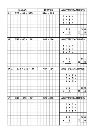 SUMAS            RESTAS     MULTIPLICACIONES
L     723 + 64 + 325    876 - 123
                                    5 x 4 =
                                    5 x 8 =
                                    4 x 5 =

                                      2 1          3 0
                                    X   5        X   5


M     753 + 45 + 138    663 -284    MULTIPLICACIONES

                                    4 x 9 =
                                    5 x 9 =
                                    9 x 5 =

                                      7 2          5 1
                                    X   4        X   5


M I    573 + 313 + 34   457 -134    MULTIPLICACIONES

                                       5 x 7 =
                                       5 x 5 =
                                       7 x 5 =

                                      9 2          8 0
                                    X   4        X   4


J     332 + 453 + 77    921 -356    MULTIPLICACIONES

                                       6 x 3 =
                                       6 x 7 =
                                       6 x 6 =

                                      1 2          5 0
                                    X   6        X   6
 