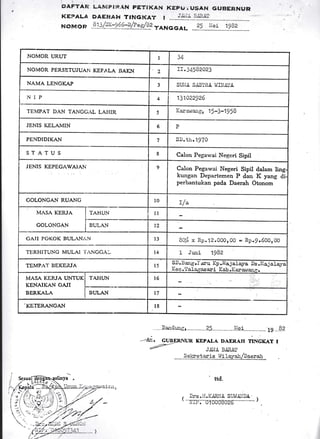 DAFTA R
K EPALA
NOMOR
LiP'iPI}?.1N PETTKAN
DAEHAH TINGKAT I
KEPtJ. USAN GUBERNUR
,lr-,.. -:..i'..'t']
9 1 ) /:i! _2 9
g:! t :p/9.? ra x c c a u
,c, l>oz
....Dan(ung'r..............?5...............I'J.e;............... 1g .. 9?
-4;. cuBERNUR KEPALA DAERAII TINGKAT I
JAIIA BAI1AT
' ttd.
, Drs .l{.KAPJIi. S-r.J-l/Ai,-!A
( "rTri,'."'0100c8026"""""""' )
NOMOR URTJI I 34
NOMOR PERSETUJUAI{ KEPA,LA AAT'}{ ., ].I.34582023
NAMA LENGKAP 3 SUI'14 SA.STRA WII.IJIIII.A.
NIP 4 131022g26
TEMPAT DAN TANGG.,L LAHIR 5
Karanang, 154-1958
JENIS KELAMIN 6 P
PENDIDIKAN 7 s]).th.1plo
STATUS a
Calon Pegawai Negeri Sipil
JEMS KEPEGAWAIAN
'.:, 9 Calon Pegawai Negeri Sipil dalam ling-
kungan Departemen P dau K yang di.
perbantukan pada Daerah Otonom
GOLONGAN RUANG l0
il"
MASA KERJA
GOL'JNGAN
TAHUN ll
BULAN IL
CA,IT POKOK BUL,NAN l3 BQL x Rp.12.000100 = Rp.!.500100
TERHITUNG MULAITANCCA'I t4 1 Juni 19Bz
TEMPzlt' BE,KE,IJA l5
SD.tsai1gJ
Kgg.jt1a1a6as ari Kab .Karawarrg.
MASA KERIA UNTUK
KENAIKAN GAJI
BERKALA
TAT{UN l6
BULAN l7
,KETERANGAN
l8
S elcet aris l^Ii lavah /Daerah
 