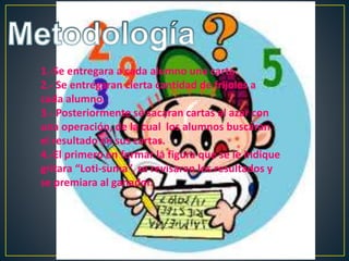 1.-Se entregara a cada alumno una carta.
2.- Se entregaran cierta cantidad de frijoles a
cada alumno.
3.- Posteriormente se sacaran cartas al azar con
una operación, de la cual los alumnos buscaran
el resultado en sus cartas.
4.-El primero en formar la figura que se le indique
gritara “Loti-suma”, se revisaran los resultados y
se premiara al ganador.