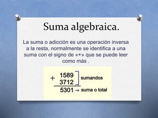 Suma algebraica.
La suma o adicción es una operación inversa
a la resta, normalmente se identifica a una
suma con el signo de «+» que se puede leer
como más .
 