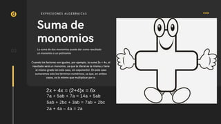 d
03
Suma de
monomios
La suma de dos monomios puede dar como resultado
un monomio o un polinomio
7a + 5ab + 7a = 14a + 5ab
5ab + 2bc + 3ab = 7ab + 2bc
2a + 4a – 4a = 2a
EXPRESIONES ALGEBRAICAS
Cuando los factores son iguales, por ejemplo, la suma 2x + 4x, el
resultado será un monomio, ya que la literal es la misma y tiene
el mismo grado (en este caso, sin exponente). En este caso
sumaremos solo los términos numéricos, ya que, en ambos
casos, es lo mismo que multiplicar por x:
2x + 4x = (2+4)x = 6x
 