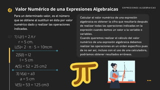 Calcular el valor numérico de una expresión
algebraica es obtener la cifra que resultaría después
de realizar todas las operaciones indicadas en la
expresión cuando damos un valor a la variable o
variables.
Cuando queremos realizar el cálculo del valor
numérico de una expresión algebraica debemos
realizar las operaciones en un orden específico pues
de no ser así, incluso con el uso de una calculadora,
podríamos obtener resultados erróneos.
d
Para un determinado valor, es el número
que se obtiene al sustituir en ésta por valor
numérico dado y realizar las operaciones
indicadas.
07
EXPRESIONES ALGEBRAICAS
Valor Numérico de una Expresiones Algebraicas
1) L(r) = 2.π.r
r = 5 cm.
L(5)= 2 · π · 5 = 10πcm
2)S(l) = l2
l = 5 cm
A(5) = 52 = 25 cm2
3) V(a) = a3
a = 5 cm
V(5) = 53 = 125 cm3
 
