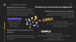 Multiplicacion de Expresiones algebraicas
Multiplicación de un polinomio por otro
polinomio
En esta operación debe de multiplicar cada uno de los
monomios de un polinomio por todos los monomios del
otro polinomio
d
Multiplicación de dos monomios.
Para esta operación se debe de aplicar la regla de los
signos, los coeficientes se multiplican y las literales
cuando son iguales se escribe la literal y se suman los
exponentes, si las literales son diferentes se pone cada
literal con su correspondiente exponente.
08
EXPRESIONES ALGEBRAICAS
3x^3 y^2 por 7x^4
(3)(7)x^3+4 y^2
21x^7 y^2
Multiplicación de un monomio por un polinomio
Para esta operación se debe multiplicar el
monomio por cada uno de los monomios que
forman al polinomio
3 * (2x^3-3x^2+4x-2)
(3 * 2x^3) + (3 * -3x^2) + (3 * 4x) + (3 * -2)
6x^3-9x^2+12x-6
EJEMPLO
EJEMPLO
EJEMPLO
EJEMPLO
(2x^2-3) * (2x^3-3x^2+4x)
(2x^2*2x^3) + (2x^2*-3x^2) + (2x^2*4x) + (-3*2x^3)
+ (-3*-3x^2) + (-3*4x)
4x^5-6x^4+8x^3-6x^3+9x^2-12x
 