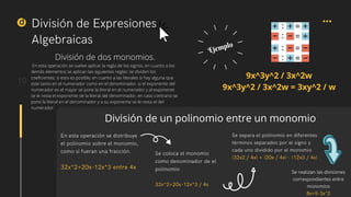 d
10
División de dos monomios.
En esta operación se vuelve aplicar la regla de los signos, en cuanto a los
demás elementos se aplican las siguientes reglas: se dividen los
coeficientes, si esto es posible, en cuanto a las literales si hay alguna que
este tanto en el numerador como en el denominador, si el exponente del
numerador es el mayor se pone la literal en el numerador y al exponente
se le resta el exponente de la literal del denominador, en caso contrario se
pone la literal en el denominador y a su exponente se le resta el del
numerador.
División de Expresiones
Algebraicas
Ejemplo
En esta operación se distribuye
el polinomio sobre el monomio,
como si fueran una fracción.
32x^2+20x-12x^3 entre 4x
Se coloca el monomio
como denominador de el
polinomio
32x^2+20x-12x^3 / 4x
Se separa el polinomio en diferentes
términos separados por el signo y
cada uno dividido por el monomio
(32x2 / 4x) + (20x / 4x) - (12x3 / 4x)
9x^3y^2 / 3x^2w
9x^3y^2 / 3x^2w = 3xy^2 / w
División de un polinomio entre un monomio
Se realizan las divisiones
correspondientes entre
monomios
8x+5-3x^2
 