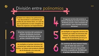 d
14
División entre polinomios
Se deben de ordenar los polinomios ya
sea descendente o ascendente por
medio de una misma letra, en caso de
que el polinomio no este completo se
dejan los espacios correspondientes.
El primer termino del cociente se
obtiene dividiendo el primer
termino del dividendo entre el
primer miembro del divisor.
Se multiplica el primer término del
cociente por todos los términos del
divisor, se coloca este producto debajo
de él dividendo y se resta del
dividendo.
El segundo termino del cociente se
obtiene dividiendo el primer termino del
dividendo parcial o resto (resultado del
paso anterior), entre el primer termino
del divisor.
Se multiplica el segundo término del
cociente por todos los términos del
divisor, se coloca este producto
debajo de él dividendo parcial y se
resta del dividendo parcial.
Se continua de esta manera hasta
que el resto sea cero o un
dividendo parcial cuyo primer
termino no pueda ser dividido por
el primer termino del divisor.
 